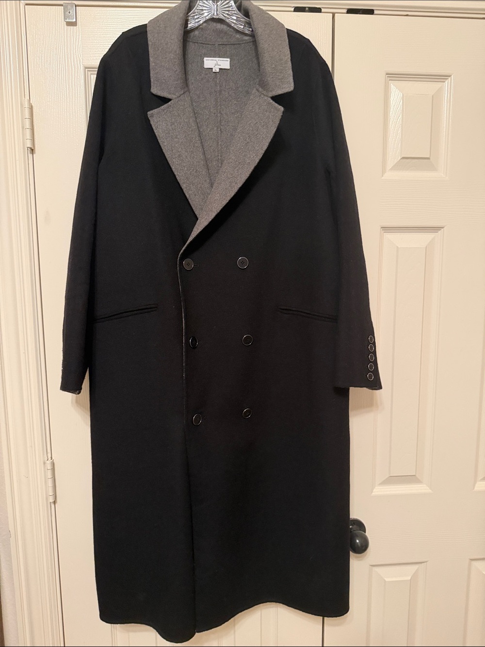 Universal Standard Black Double-Breasted Pea Coat with Gray Contrast Collar